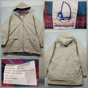 Sailmaker Beige PVC Hooded Rain Jacket L Plaid Flannel Lined Outdoor Coat